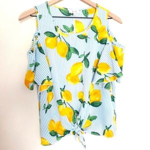 Lemon Print Striped Cold Shoulder Blouse